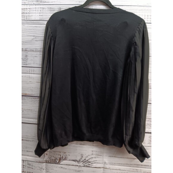 Adrianna Papell  Blouse M  Black Button Up  Crepe Long Pleated Puffy Sleeves - Picture 2 of 8